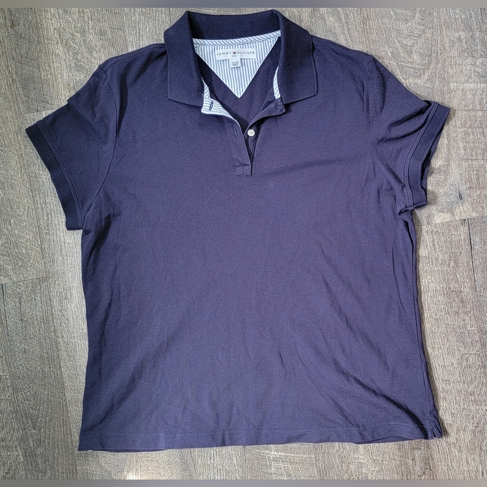 Y2K Tommy Hilfiger Polo Women's XL Navy Short Sleeve 1/4 Button Strechy Cotton - Picture 5 of 13